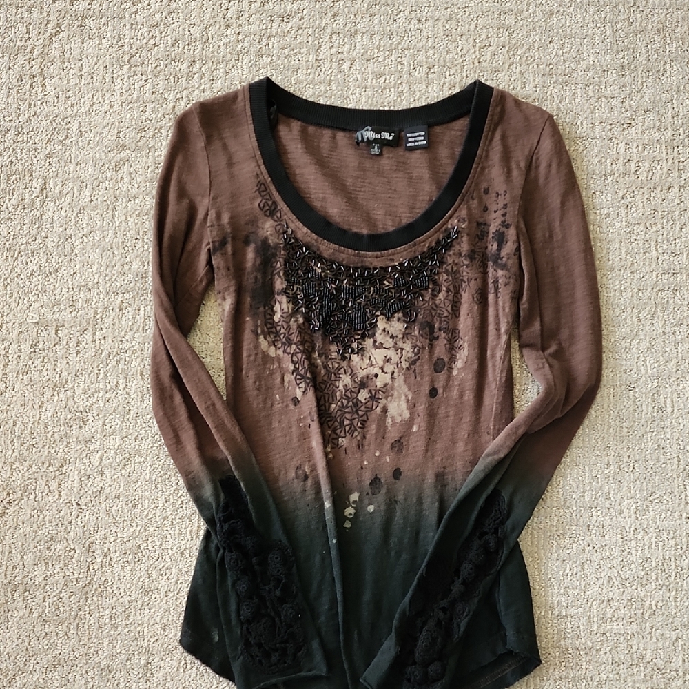 Miss Me Tan and Brown Graphic Embellished Blouse